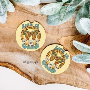 Retro Life Is Good Butterfly & Daisy Car Coasters 2 Pack